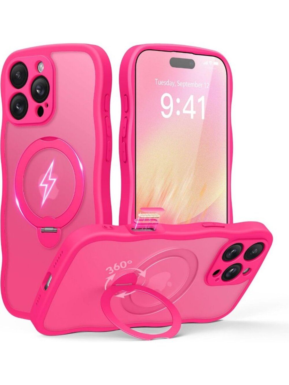 Hot Pink iPhone 16 Pro Max Case with 360° Spin Magnetic Stand, Shockproof
